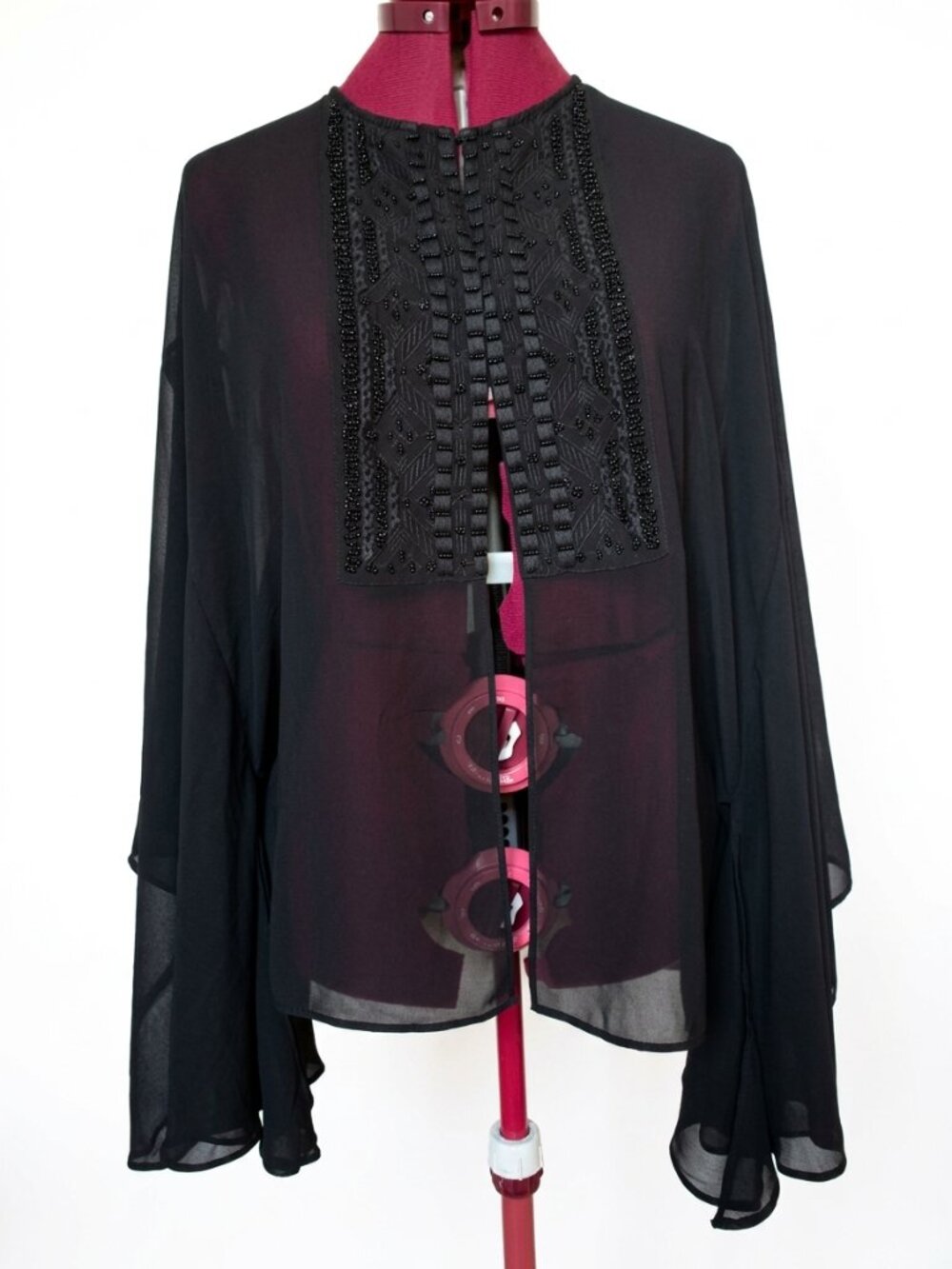 ZARA Black Beaded Sheer Kimono Top Open Front Cape Blouse Boho Evening Size L
